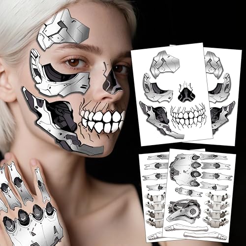 Mechanical Skeleton Face Tattoos - Waterproof Halloween Temporary Stickers for Party & Cosplay