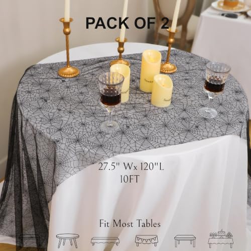 Black Spider Web Table Runner 2PCS 10FT Sheer Tulle Halloween Gothic Decor - Variation: Spiderweb Black / 10FT / 2Pcs
