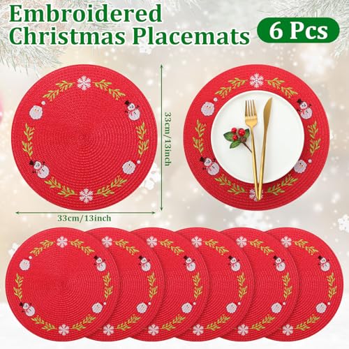 Christmas Round Placemats Set of 6 with Santa Claus Embroidery - Holiday Table Decor