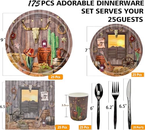 Western Cowboy Party Supplies Set for 25 Guests - Plates, Napkins, Cups & Utensils