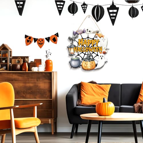 Happy Halloween Spiderweb Wooden Door Sign - Multicolor 01 Halloween Wall Art