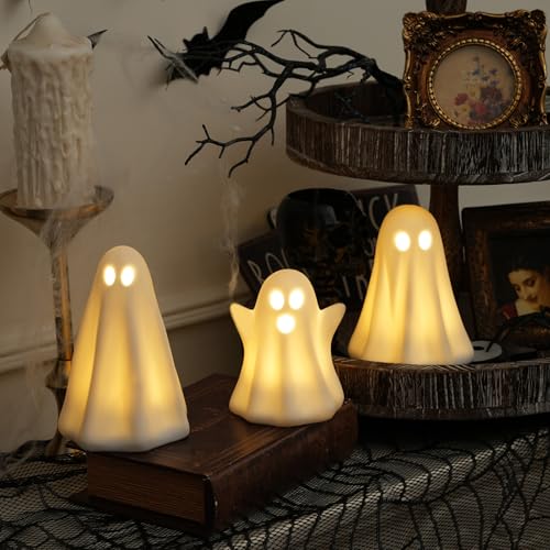 Halloween Ghost Decor Set - Light Up Ceramic Ghosts with Timer - Indoor Halloween Decorations - Variation of THIS listing