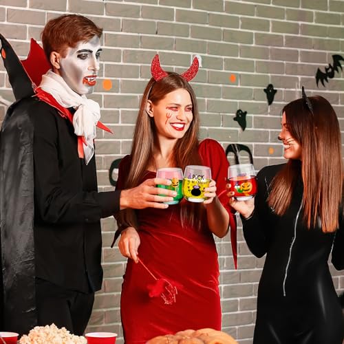 Halloween Wine Glass Set - Spooky 12oz Stemless Drinking Cups for Party, Gift, Halloween Decor