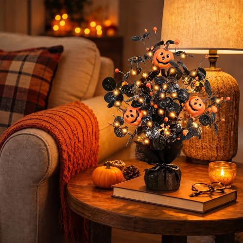 Black Brown Orange Lighted Halloween Table Tree Set - 2 Pack Seasonal Pumpkin Decor