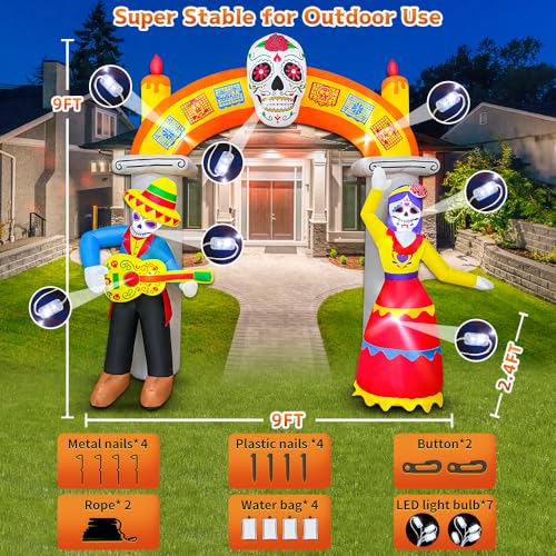 9Ft Skeleton Arch Inflatable Halloween Decoration with Skull & LED Lights - Day of The Dead Yard Decor
