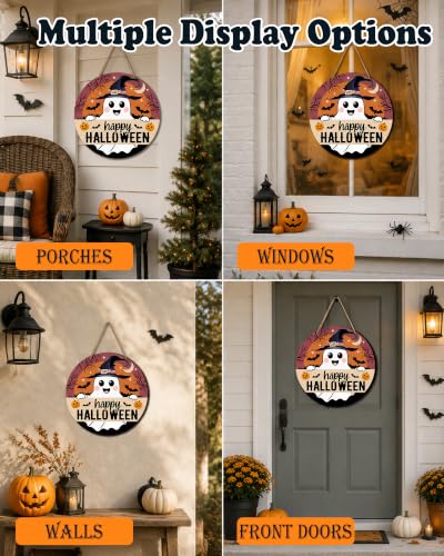 Halloween Wooden Door Sign - Spooky Ghost Pumpkin Bats Decor 12x12 Inches