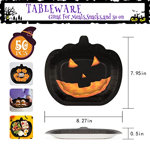 Disposable Halloween Paper Plates - Black Pumpkin Smile Design, 50pcs, 8.3in