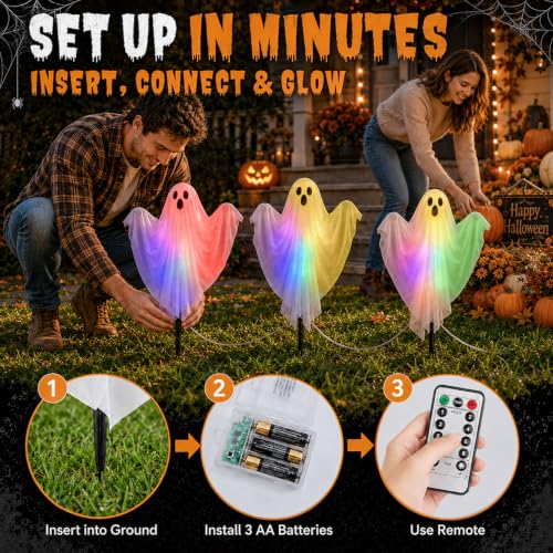 3 Pack Halloween Lighted Ghost Stakes with Remote Control & Timer - 17.7 Inch Glowing Yard Decorations for Spooky Outdoor Lawn & Garden