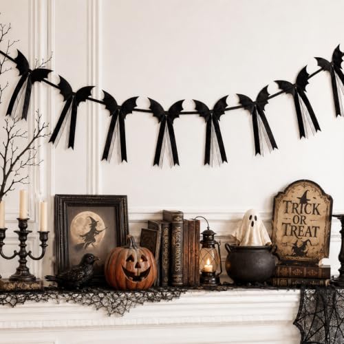 Elegant Black Velvet Bat Garland - Halloween Decorations for Mantle & Wall