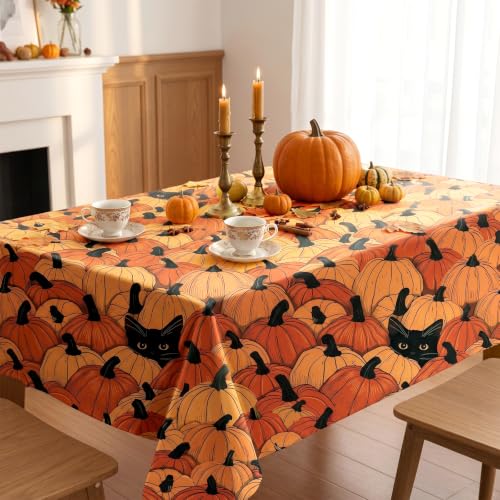 Irenare Pumpkin Black Cat Fall Tablecloth - 60 x 84 Inch Seasonal Decor