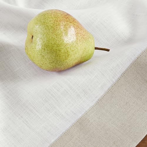 Linen Tablecloth 60x90 Inches - Natural & White Border, Handcrafted Pure Linen