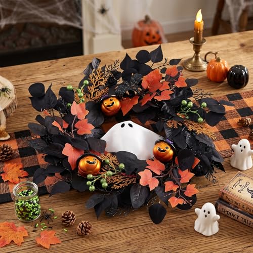 Halloween Ghost Wreath with Lights 20 Inch Front Door Decor - Spooky & Playful