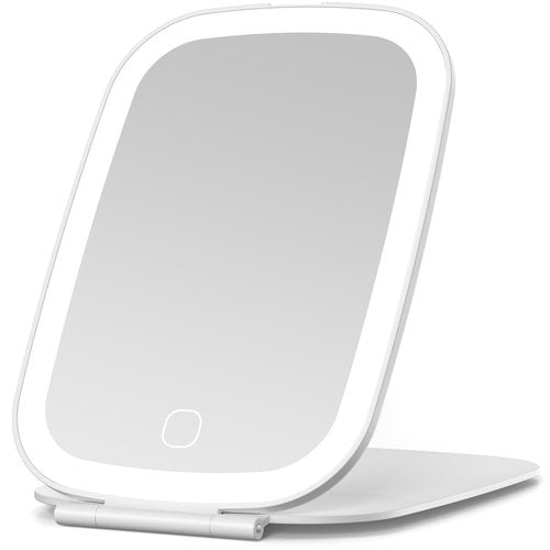 NEZZOE Travel Mirror with LED Light, Rechargeable Portable Lighted Makeup Mirror, 3 Lighting Modes Dimmable Touch Control, Foldable Compact Vanity Mirror for Travel Tabletop, 7x5 Inch