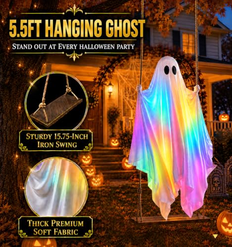 Large Outdoor Hanging Ghost Decoration - 5.5Ft Swing Ghost with Rainbow Lights