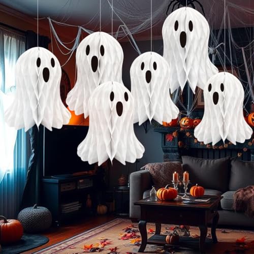 Halloween Ghost Honeycomb Hanging Decorations - 6 Pcs, 25cm, White, Spooky Party Decor