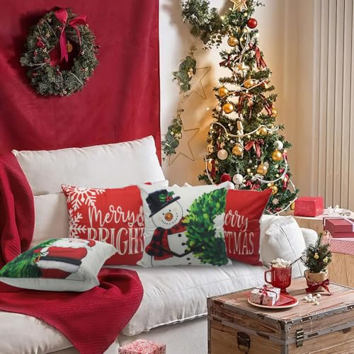 Christmas 20x20 Pillow Covers Set of 4 - Holiday Santa Wreath Snowman Decor