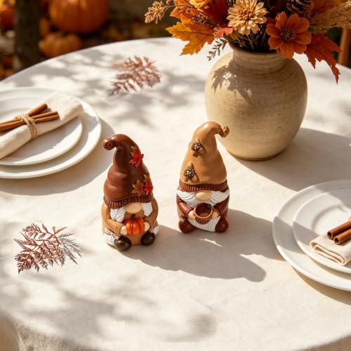 Fall Gnomes Set of 2 Resin Decorations - Brown & White Autumn Table Centerpieces