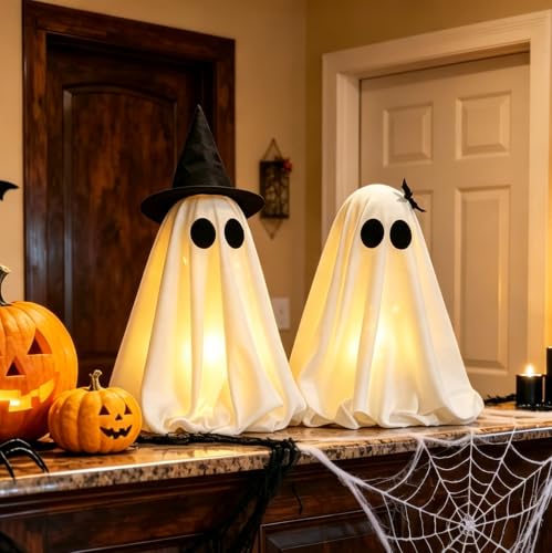 Light-Up Halloween Ghost Decorations Set - Spooky LED Tabletop Ornaments with Bow & Witch Hat, Indoor Mantel Decor, 2 Pack