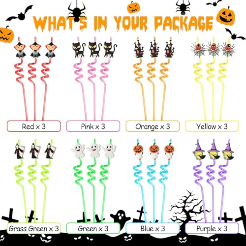Halloween Reusable Drinking Straws Set - 24pcs Pumpkin Skull Ghost Vampire Designs