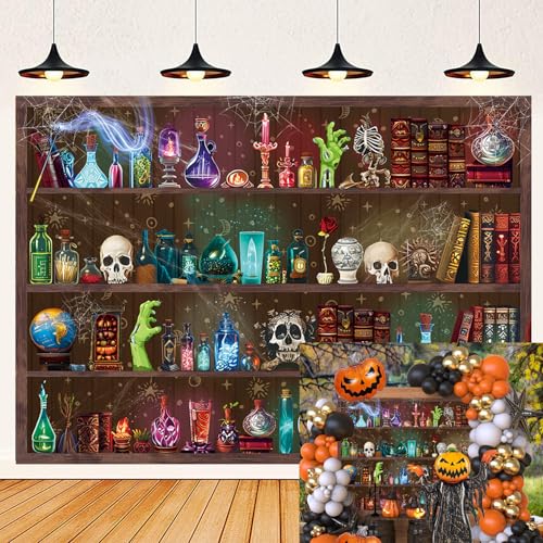 Halloween Magic Potion Shelf Backdrop 8x6FT Spooky Witch Skull Photo Booth Decor