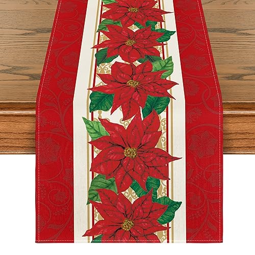 Christmas Poinsettia Table Runner 13x48 Inch Holiday Home Decor - Red