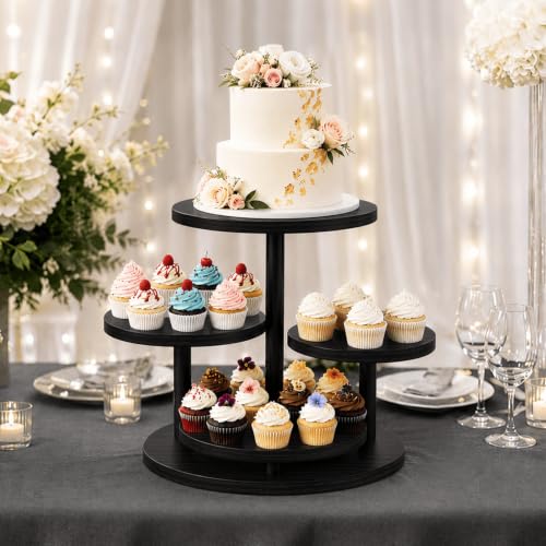 Black 4-Tier Round Cupcake Stand - Wooden Cake Tower with Rotatable Top for Desserts