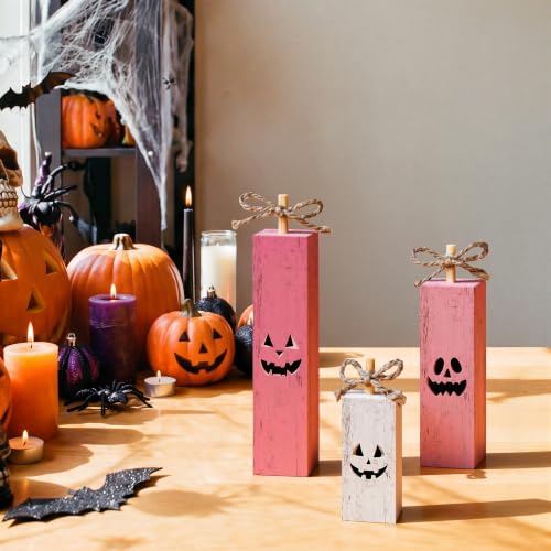 Pink Halloween Wooden Standing Block Decor - Jack-O'-Lantern Face - Pink Halloween Variation