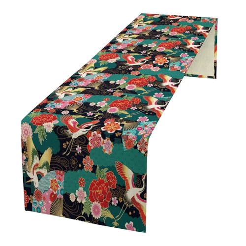 Japanese Crane Table Runner - Asian Vintage Red Faux Linen 13x108in - Variation W13"x L108" / Asian Red-8