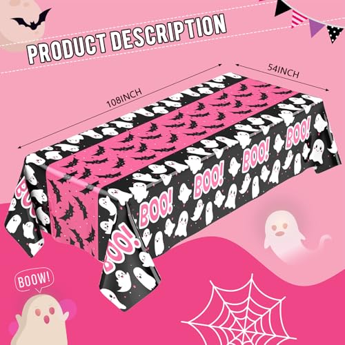Pink Halloween Tablecloth Set - Ghost & Bat Party Decorations, Waterproof Plastic, 3 Pack