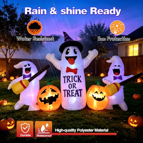 8FT Halloween Inflatable Ghosts with Broom & Pumpkins LED Yard Decor - Black & White