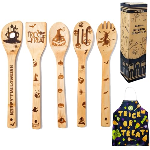 Fall Atmosphere Bamboo Cooking Spoons & Apron Set - Halloween Kitchen Decor