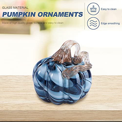 Hand Blown Glass Pumpkin Figurine - Blue Fall Harvest Halloween Decor
