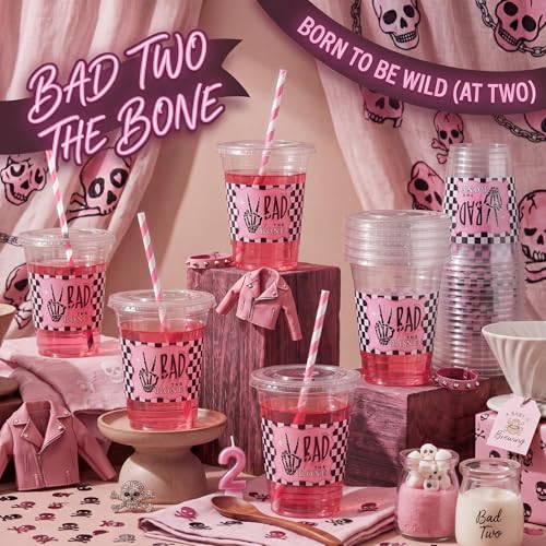 FillTouch 50 Pcs Halloween Skeleton Bone Plastic Cups with Lids & Straws - Bad Two the Bone Variation