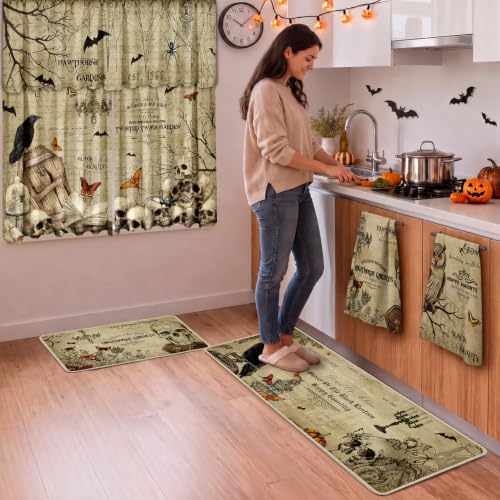Halloween Skeleton Kitchen Decor Set with Towels Curtains & Rugs - Skull Variation