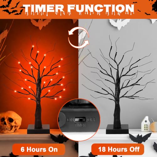 Halloween Decorations Indoor 2 Pack Black Tree with Orange Lights - 24in Timer