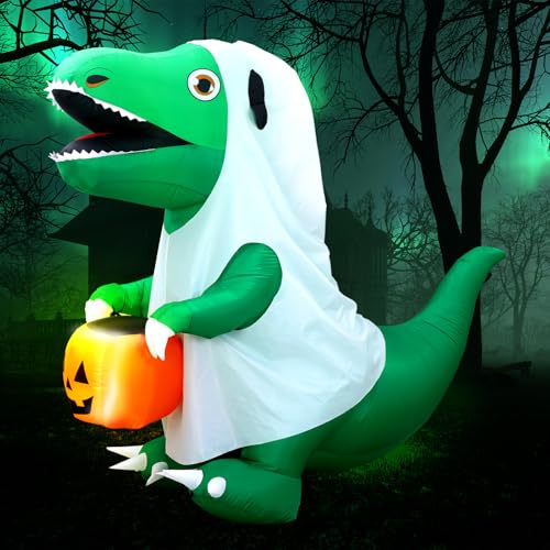 6 Ft Halloween Inflatable Ghost Dinosaur with Pumpkin LED Decor - Spooky Yard Decoration