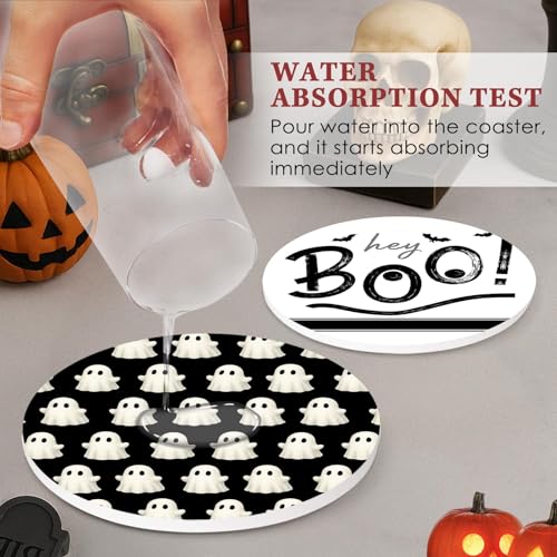 Halloween Drink Coasters Set of 6 Ceramic Stone with Cork Bottom & Holder