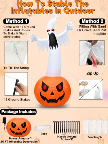 20 Ft Halloween Inflatable Pumpkin Ghost Yard Decorations with LED Lights