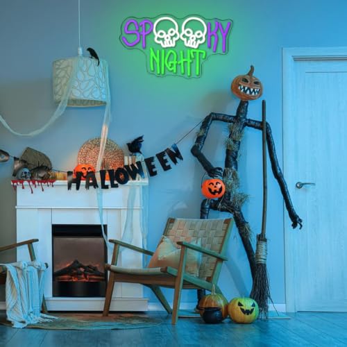 Spooky Night Neon Sign Skull LED Light Halloween Wall Decor - Creepy Halloween Party & Bedroom Decoration