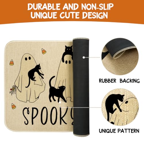 Ghost Black Cat Halloween Kitchen Rugs Set of 2 - Spooky Season Non-Skid Washable Mats