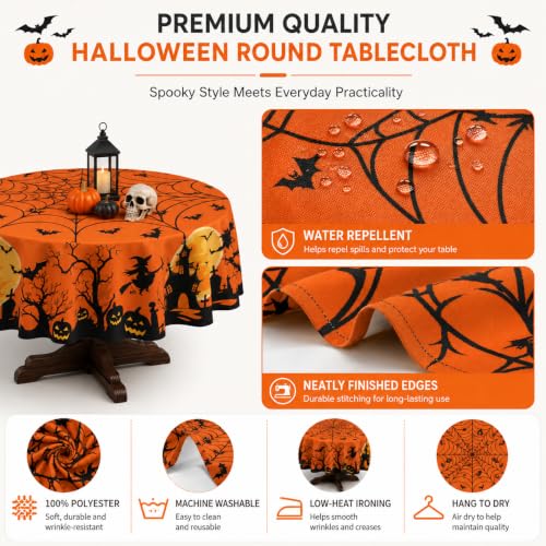 Halloween Round Tablecloth 60 Inch Pumpkin Spider Web Bat Water-Resistant Reusable Table Cover - Orange
