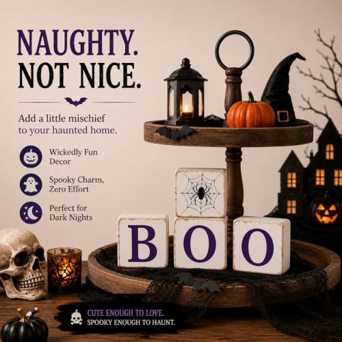 Fall Halloween Tiered Tray Decor 4 Pcs Wooden Signs - Orange & Purple Variation