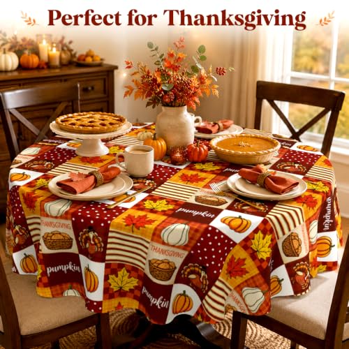 Fall Round Tablecloth 60x60 Inch Thanksgiving Pumpkin Decor with Variation Red Brown Yellow