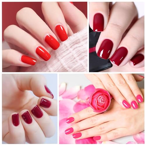 Self-Adhesive Nail Polish Stickers Set - Red Solid & Glitter Gradient Nails, 16 Sheets with File & Cuticle Stick - Long-Lasting Manicure