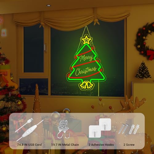 Christmas Tree Neon Sign - Green Acrylic LED Light for Holiday Decor - 16.9x12.1 Inches