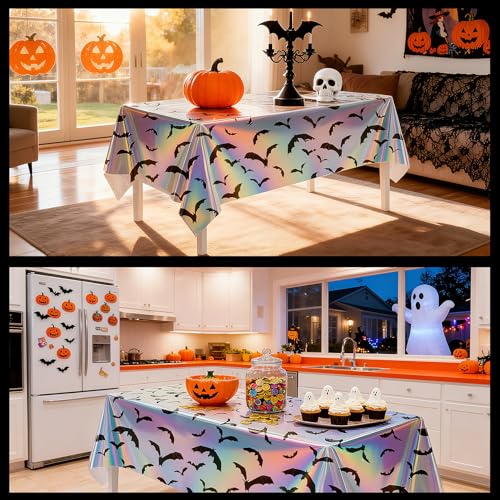 Halloween Iridescent Bat Tablecloth Set - Spooky Foil Decor for Parties