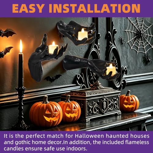 Gothic Halloween Wall Decor Set of 3 with Creepy Skeleton Hands & LED Candles