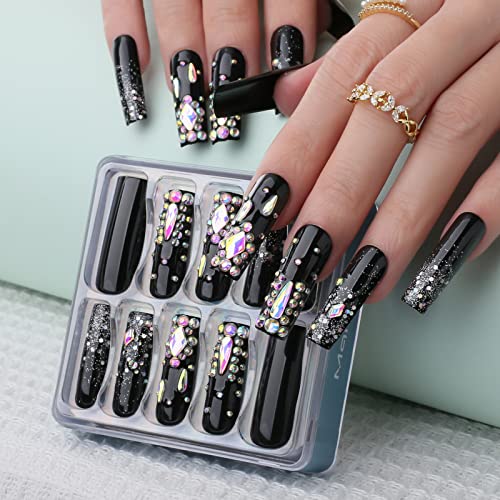 Press On Nails Long Square Black with Rhinestones Glitter - Meteor Shower Variation