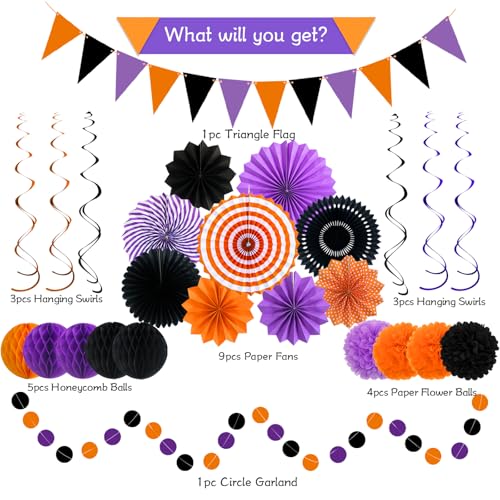 Purple Halloween Party Decorations Kit - Paper Fans Pom Poms Banner & More