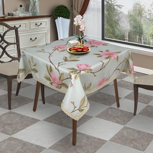 Green & Pink Floral Square Tablecloth 38x38 Inch Waterproof Spillproof Kitchen Dining Cover